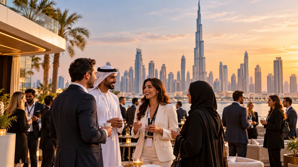 Professional networking at rooftop lounge